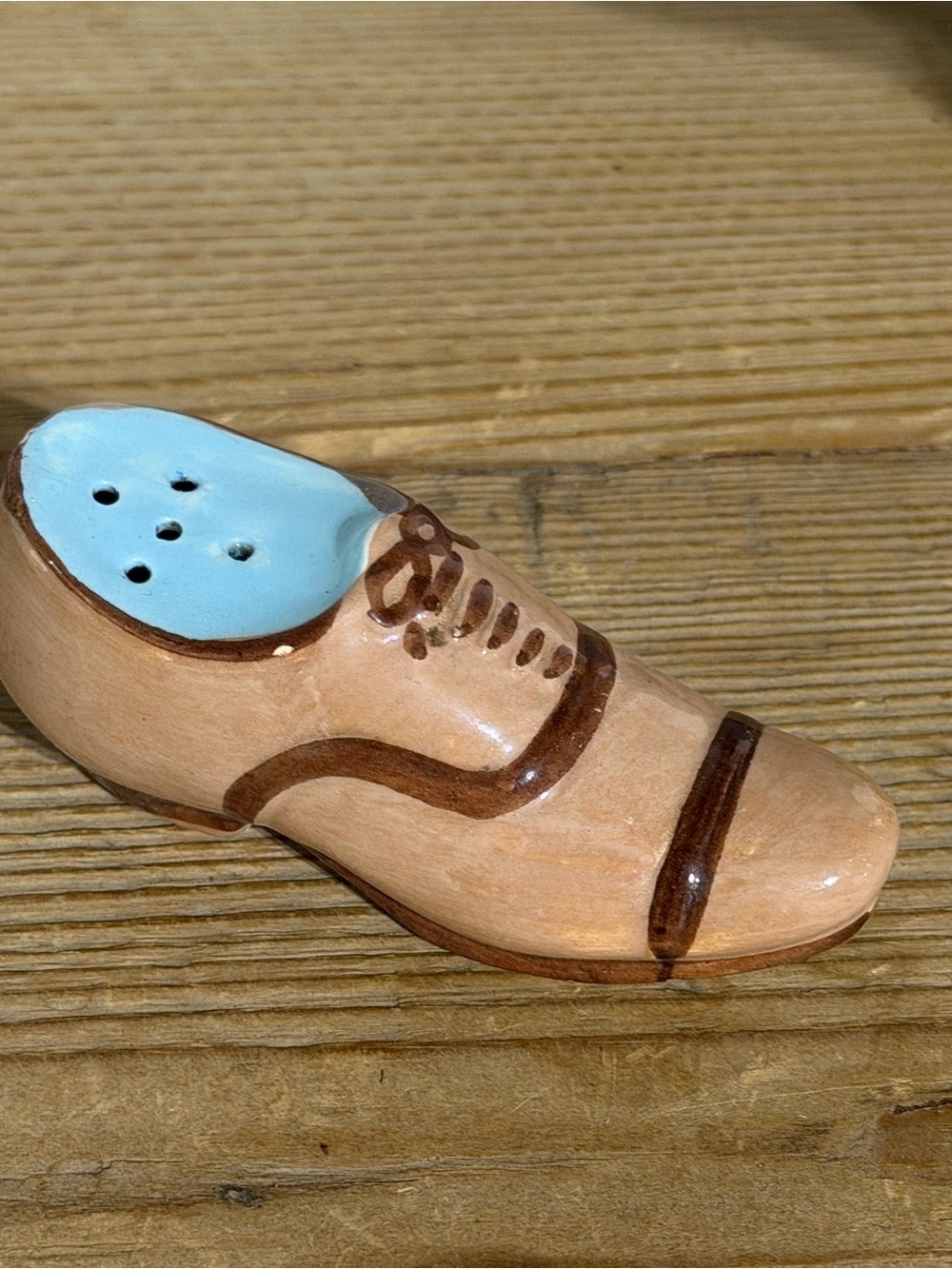 Men's Ceramic Dress Shoe Figurine - Beige with Light Blue Interior salt & pepper